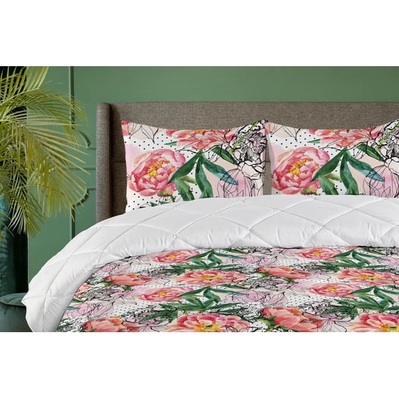 Ambesonne Peony Down Alternative Quilt Comforter, Floral Vintage Leafy Design, King, Forest Green Dark Coral