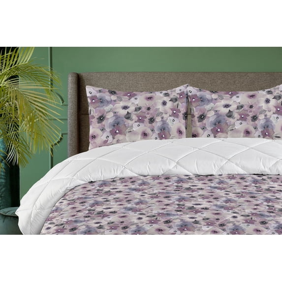 Ambesonne Peony Down Alternative Quilt Comforter, Nostalgic Garden Scene Art, Full, Pale Purple Eggshell