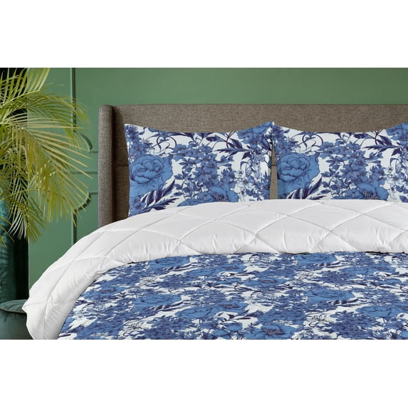 Ambesonne Peony Down Alternative Quilt Comforter, Winter Boho Flowers Jungle, Twin, Dark Ceil Blue and Soft Blue