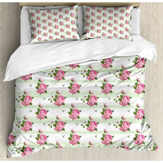 Ambesonne Peony Duvet Cover Set, Daisies Flowers Bouquet Art, 2-Calking, Pale Green Pink