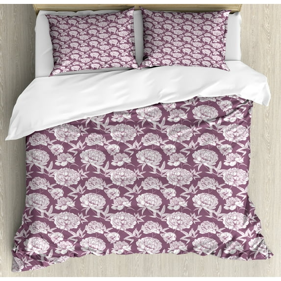 Ambesonne Peony Duvet Cover Set, Monochrome Vintage Engraving, Queen, Mauve Taupe and White