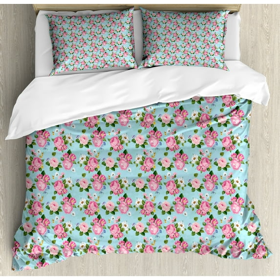 Ambesonne Peony Duvet Cover Sets, Colorful Flowers Bouquet Art, 2-Queen, Blue Rose