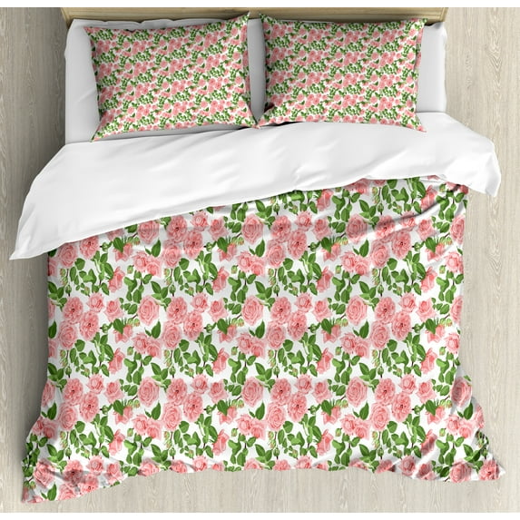 Ambesonne Peony Duvet Cover Sets, Pink Vintage Vintage Flower, 2-King, Pink Olive Green