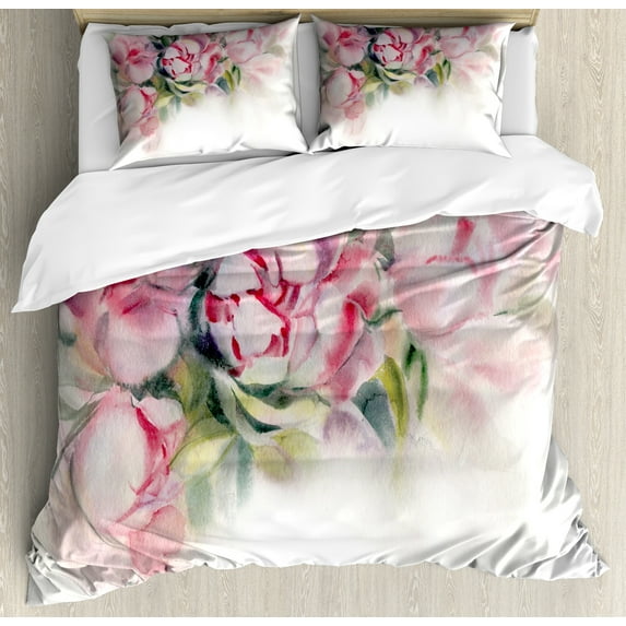 Ambesonne Peony Duvet Cover Sets, Watercolor Romantic Flowers, 2-King, Pale Pink Taupe