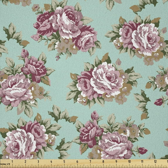 Ambesonne Peony Fabric by the Yard Microfiber, Classical Pastel Tone Floral, 5 Yards, Seafoam Dried Rose