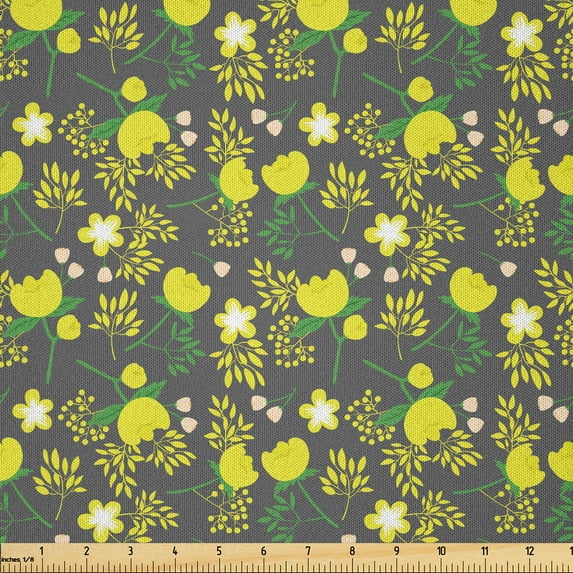 Ambesonne Peony Fabric by the Yard Microfiber, Flourishing Nature Themed, 3 Yards, Taupe Grey Yellow Green