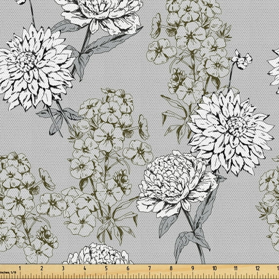Ambesonne Peony Fabric by the Yard Upholstery, Pastel Nature Tones Flowers, 2 Yards, Grey Multicolor