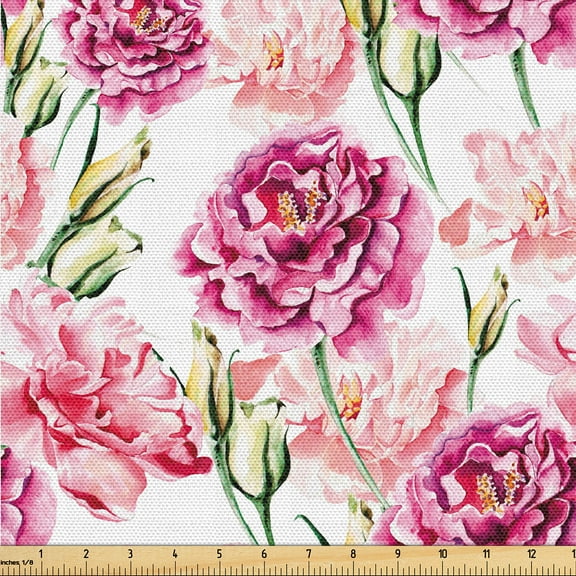 Ambesonne Peony Fabric by the Yard, Springtime Flowers Boho Art, 10 Yards, Pale Fuchsia Fern Green