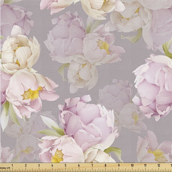 Ambesonne Peony Fabric by the Yard Upholstery, Delicate Floral Scene Print, 1 Yard, Pale Lilac Mustard
