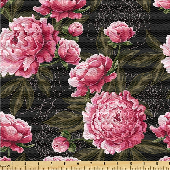 Ambesonne Peony Fabric by the Yard Upholstery, Pastel Flowers Leafy Print, 2 Yards, Hot Pink Olive Green