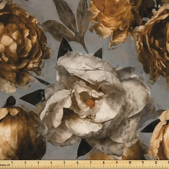 Ambesonne Peony Fabric by the Yard, Vintage Floral Nostalgia Art, 2 Yards, Dimgray Caramel Eggshell