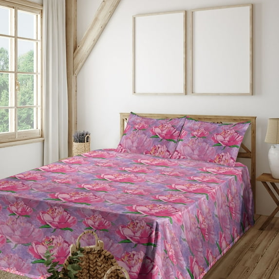 Ambesonne Peony Fitted & Flat Sheet with Sham 3 Pcs Set, Botany Dreamy Flowers Print, Twin, Hot Pink Green Fuchsia