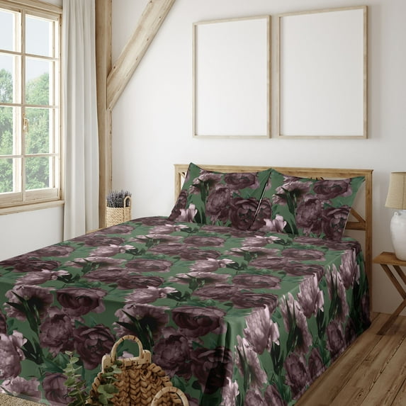 Ambesonne Peony Fitted & Flat Sheet with Shams 4 Pcs Set, Nostalgic Flowers Garden Art, Queen, Fern Green and Mauve Taupe