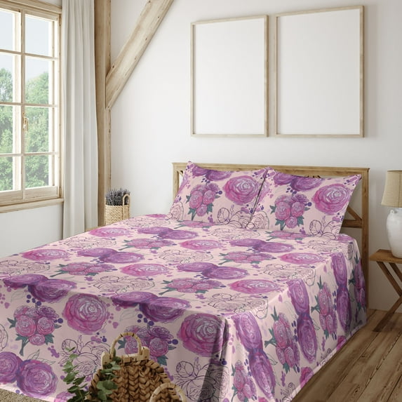 Ambesonne Peony Fitted & Flat Sheet with Shams 4 Pcs Set, Romantic Bouquet Pattern Boho, Full, Pale Fuchsia Soft Pink
