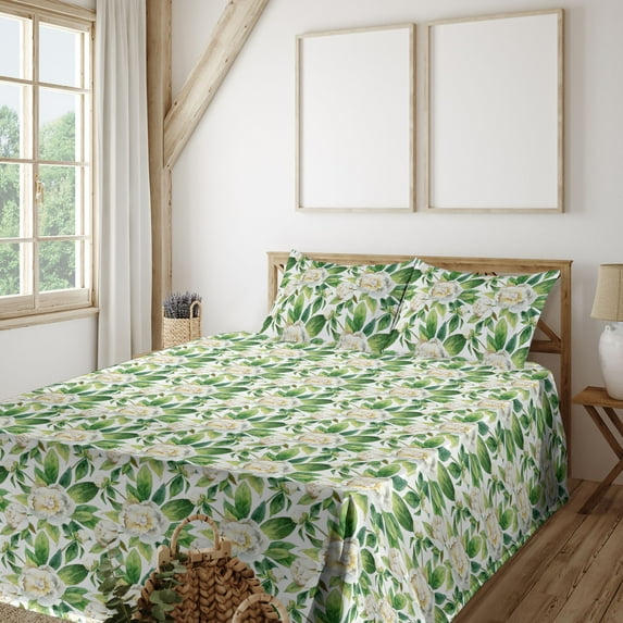 Ambesonne Peony Fitted & Flat Sheet with Shams 4 Pcs Set, Watercolor Art Flower Pattern, Queen, White Cream and Green