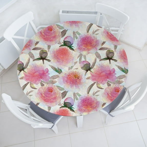 Ambesonne Peony Fitted Round Tablecloth, Garden Pastel Spring Floral, 56"- 60" Diameter, Pink and Slate Brown