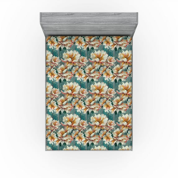 Ambesonne Peony Fitted Sheet, Aquarelle Floral Grunge Feels, Full Size, Amber Teal Cadet Blue