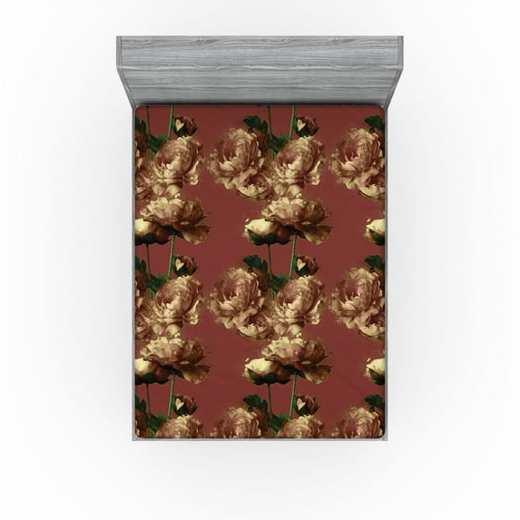 Ambesonne Peony Fitted Sheet, Blossoming Wild Romance Flora, King Size, Pale Redwood Green and Cocoa