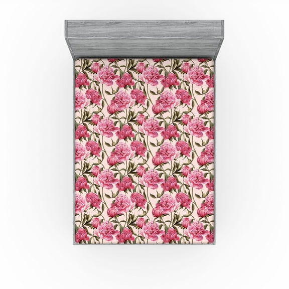 Ambesonne Peony Fitted Sheet, Delicate Boho Flowers Print, California King, Pastel Pink Peacock Green