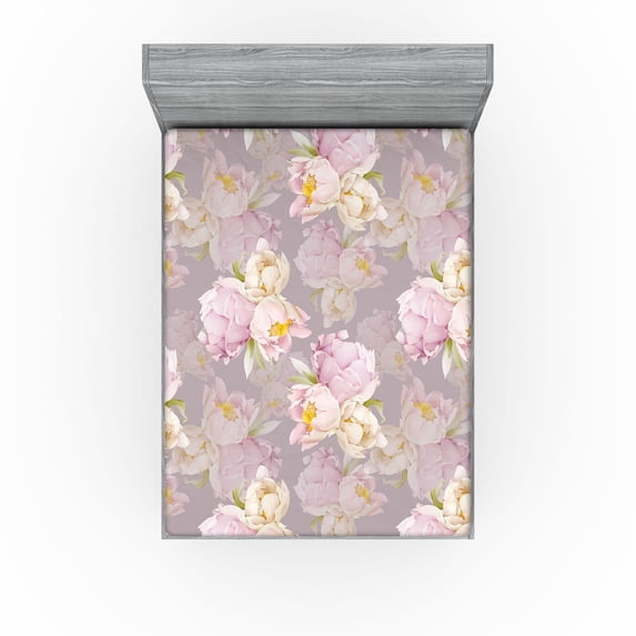 Ambesonne Peony Fitted Sheet, Delicate Floral Scene Print, King Size, Pale Lilac Mustard
