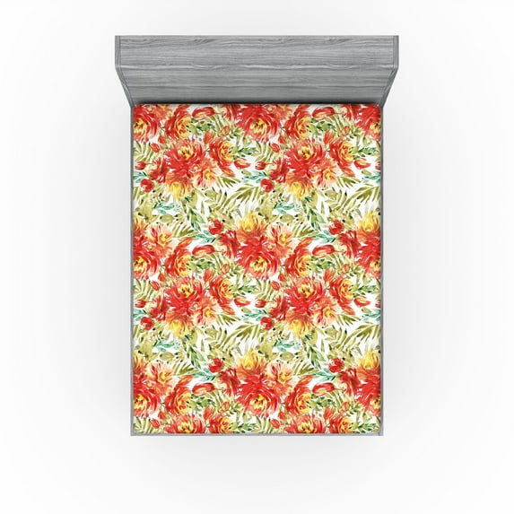 Ambesonne Peony Fitted Sheet, Exotics Art Floral Boho Print, Full Size, Dark Coral Mustard White