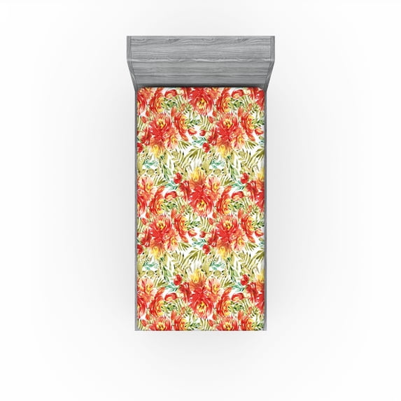 Ambesonne Peony Fitted Sheet, Exotics Art Floral Boho Print, Twin Size, Dark Coral Mustard White