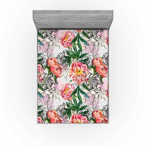 Ambesonne Peony Fitted Sheet, Floral Vintage Leafy Design, California King, Forest Green Dark Coral