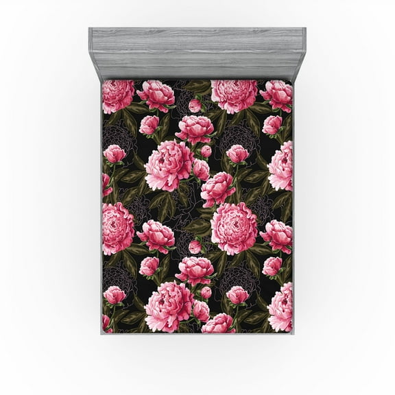 Ambesonne Peony Fitted Sheet, Pastel Flowers Leafy Print, California King, Hot Pink Olive Green