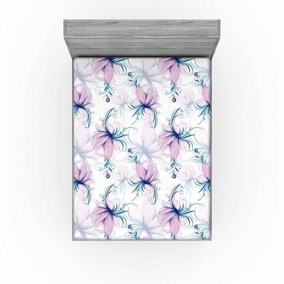 Ambesonne Peony Fitted Sheet, Romantic Delicate Petals Art, Queen Size, Lilac Dark Seafoam White