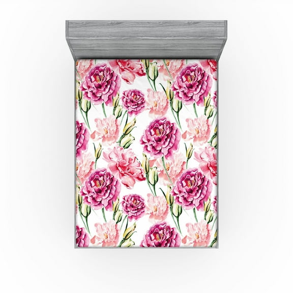 Ambesonne Peony Fitted Sheet, Springtime Flowers Boho Art, California King, Pale Fuchsia Fern Green