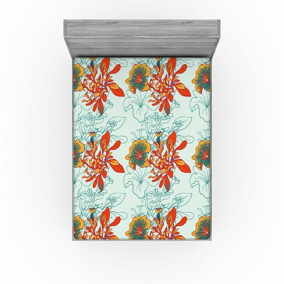 Ambesonne Peony Fitted Sheet, Tropical Petals with Flowers, Full Size, Marigold Vermilion Teal
