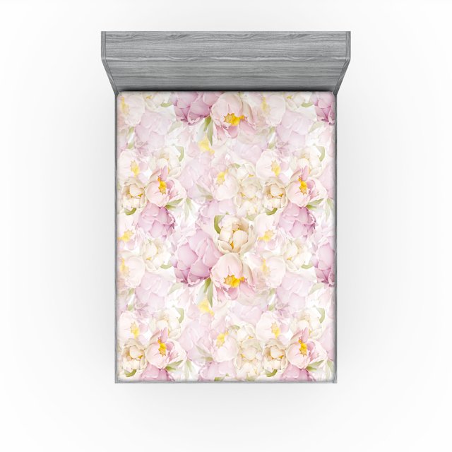 Ambesonne Peony Fitted Sheet, Vintage Flowers Boho Print, Queen Size, Pale Lavender and Pale Green