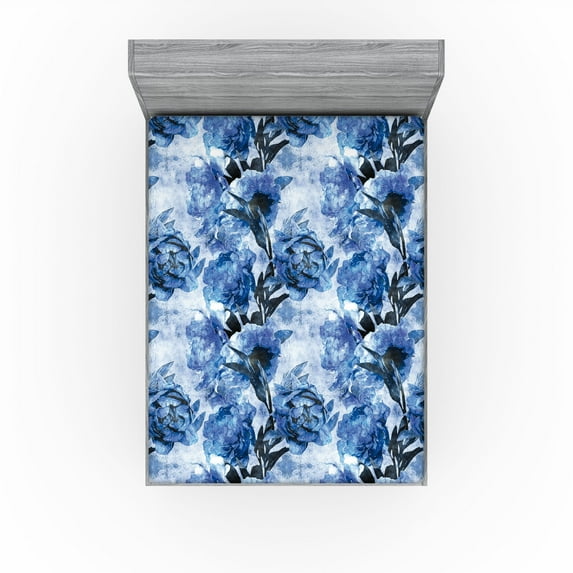 Ambesonne Peony Fitted Sheet, Wild Life Floral Boho Pattern, King Size, Cobalt Blue Pale Blue