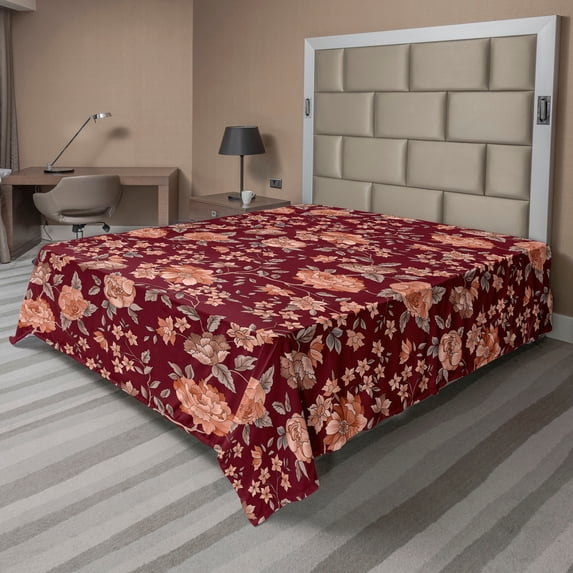 Ambesonne Peony Flat Bedding Sheet Soft Top Sheet, Autumn Flowers Leafy Branches, California King, Raspberry Coral Grey Teal
