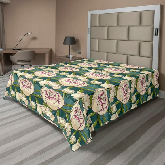 Ambesonne Peony Flat Bedding Sheet Soft Top Sheet, Cartoon Floral Pattern Boho, Full, Hunter Green Champagne