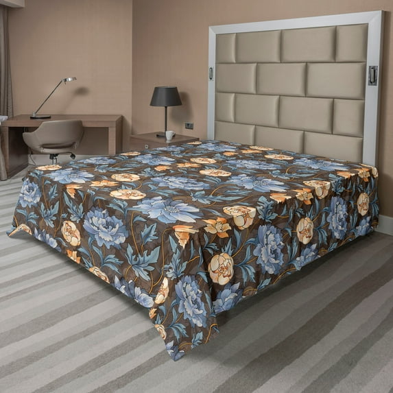 Ambesonne Peony Flat Bedding Sheet Soft Top Sheet, Dreamland Blooms Delicate Art, California King, Lavender Blue Peach