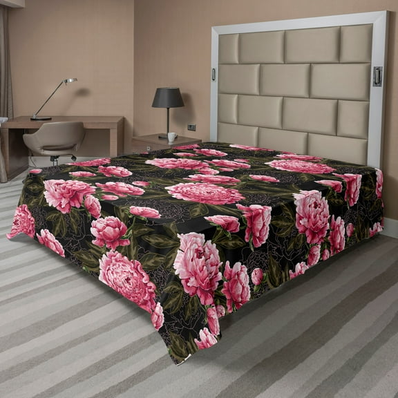 Ambesonne Peony Flat Bedding Sheet Soft Top Sheet, Pastel Flowers Leafy Print, California King, Hot Pink Olive Green