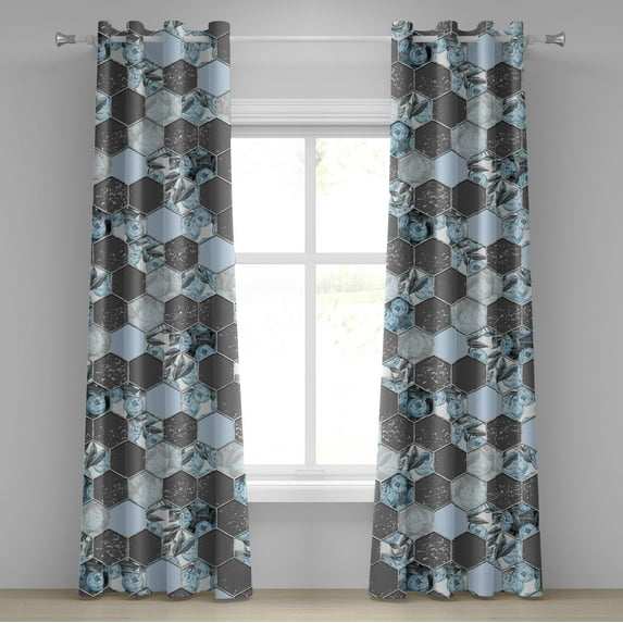 Ambesonne Peony Grommet Curtain, Beehive Hexagon Floral Scene, 50"x84", Pale Azure Blue Taupe