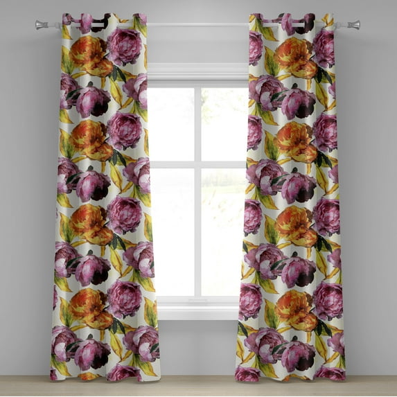 Ambesonne Peony Grommet Curtain, Blossoming Flowers Summer Art, 50"x96", Pink Orange Ivory