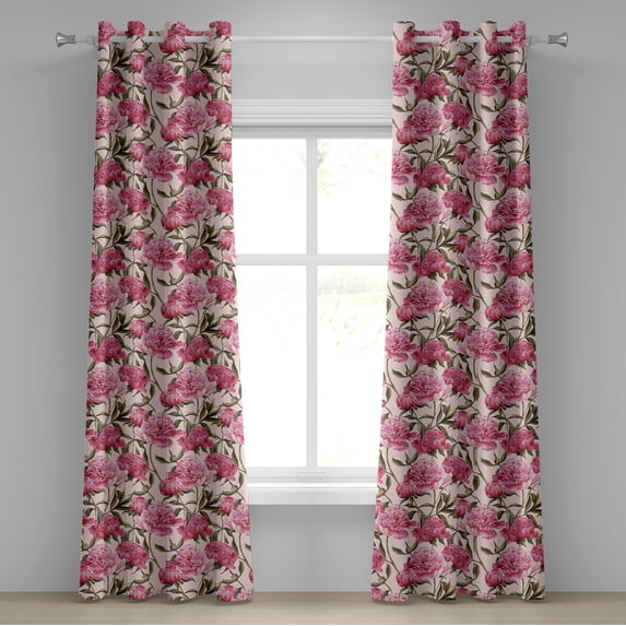 Ambesonne Peony Grommet Curtain, Delicate Boho Flowers Print, 50"x96", Pastel Pink Peacock Green