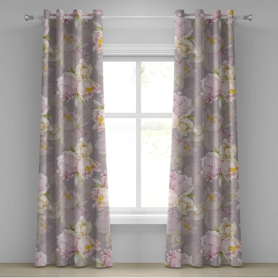 Ambesonne Peony Grommet Curtain, Delicate Floral Scene Print, 50"x84", Pale Lilac Mustard