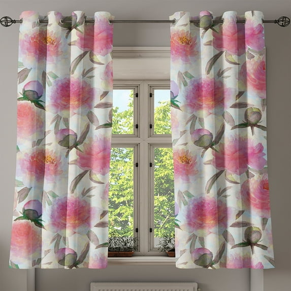 Ambesonne Peony Grommet Curtain, Garden Pastel Spring Floral, 50"x60", Pink and Slate Brown