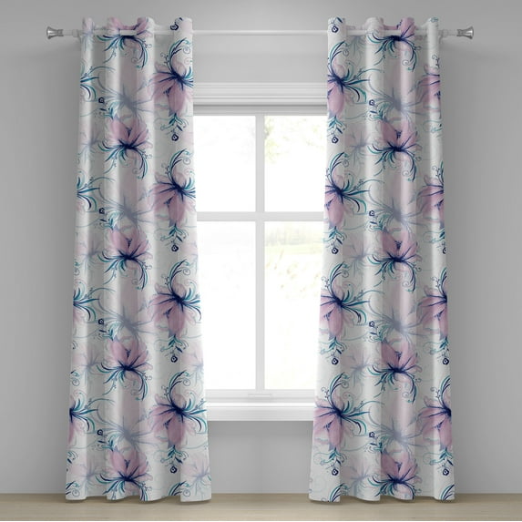 Ambesonne Peony Grommet Curtain, Romantic Delicate Petals Art, 50"x84", Lilac Dark Seafoam White