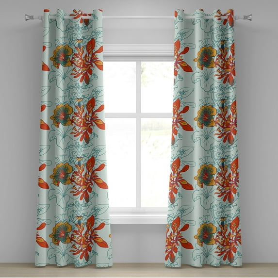 Ambesonne Peony Grommet Curtain, Tropical Petals with Flowers, 50"x120", Marigold Vermilion Teal