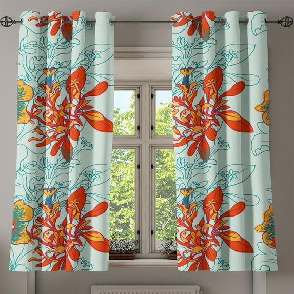 Ambesonne Peony Grommet Curtain, Tropical Petals with Flowers, 50"x63", Marigold Vermilion Teal