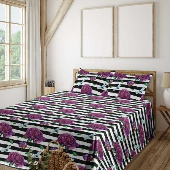 Ambesonne Peony Pattern Fitted & Flat Sheet with Shams 4 Pcs Set, Dragonfly and Flowers, Full, Purple Jade Green White