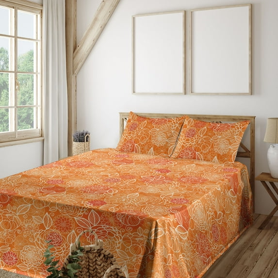 Ambesonne Peony Pattern Fitted & Flat Sheet with Shams 4 Pcs Set, Outline Floral Boho, Queen, Vermilion and Burnt Sienna