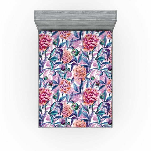 Ambesonne Peony Pattern Fitted Sheet, Jungle Boho Flowers, California King, Indigo Pale Pink Lilac