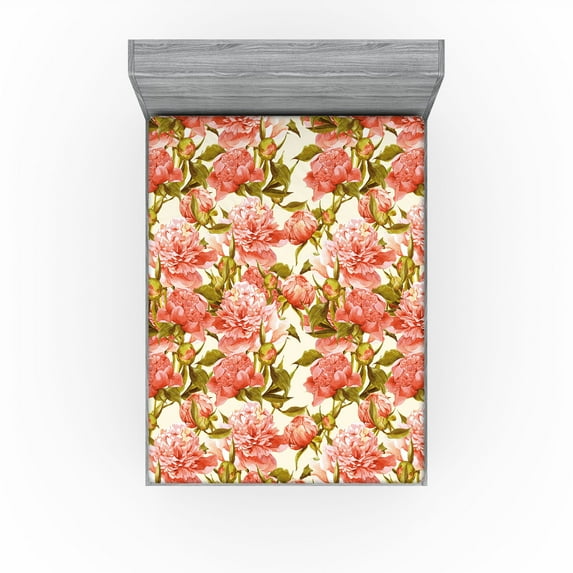 Ambesonne Peony Pattern Fitted Sheet, Vintage Color Flowers, California King, Coral and Pale Olive Green