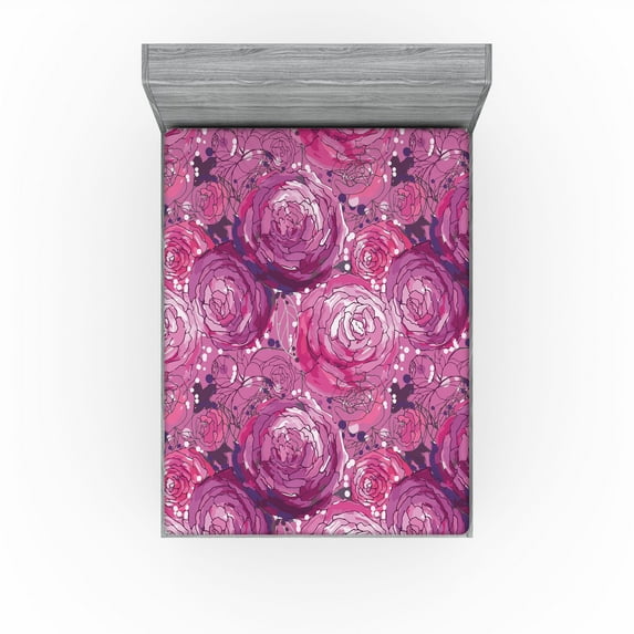 Ambesonne Peony Pattern Fitted Sheet, Watercolor Dreamy Art, Queen Size, Pale Purple Hot Pink
